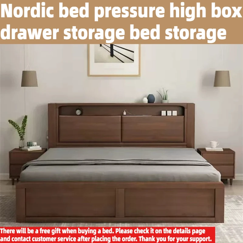 Modern Nordic Solid Wood Frame Storage Double Bed King Queen Size Bedroom Bed With Underbed High Box Drawer Storage Headboard