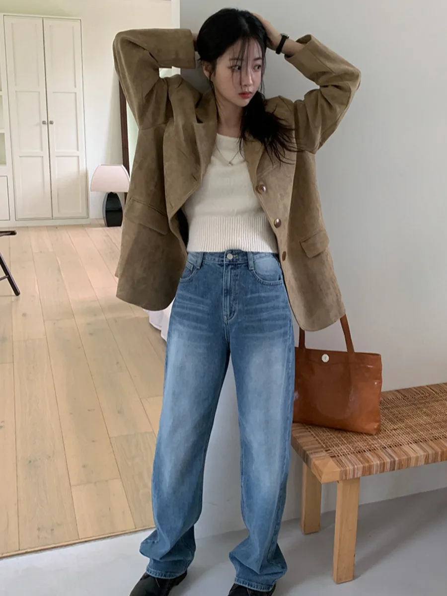 Casaco Casual Versátil de Manga Longa em Suede Sintético Estilo Retro Chic para Mulheres Outono Inverno Ajuste Solto Estilo E...