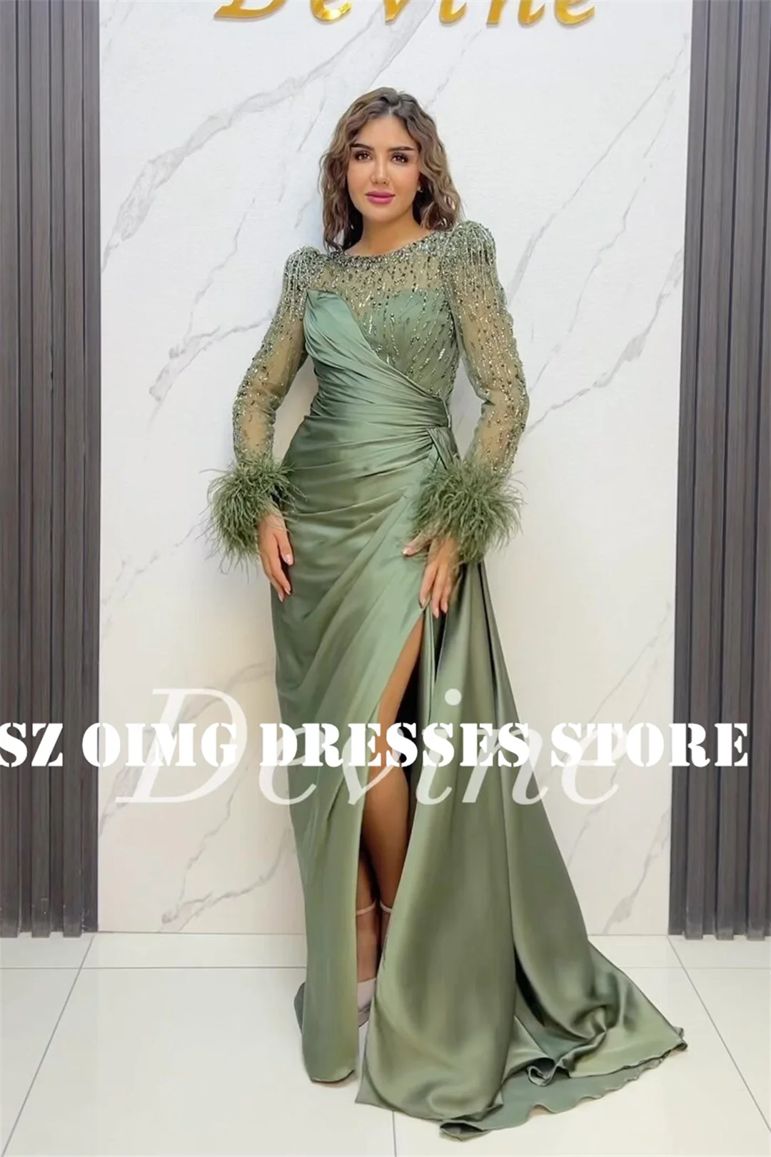 

OIMG New Design Boat Neck Mermaid Beading Prom Dresses Saudi Arabic Women Green Sequined Evening Gowns Formal Party Dress