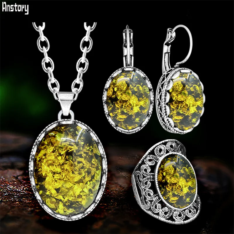 Vintage Flower Pendant Simulated Ambers Jewelry Sets For Women Antique Silver Plated Plant Fashion Necklace Women Earrings Set