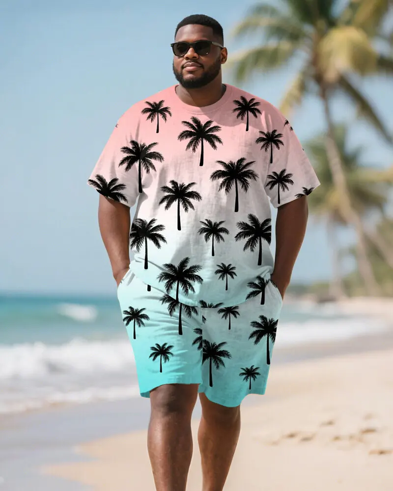 Men's Plus Size 2 Piece Palm Tree Print T-Shirt and Shorts Set, Short Sleeve Crew Neck, Tropical Beach Vacation Wear, S-9XL