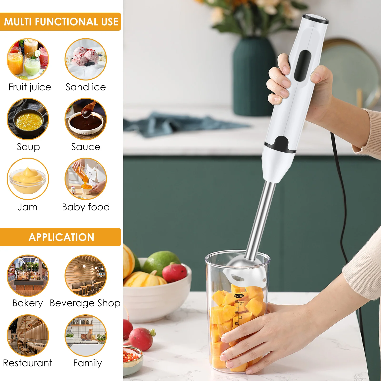 Immersion Blender Stainless Steel Household Handheld Immersion Blender Multifunctional Electric Stick Blender Kitchen Gadget
