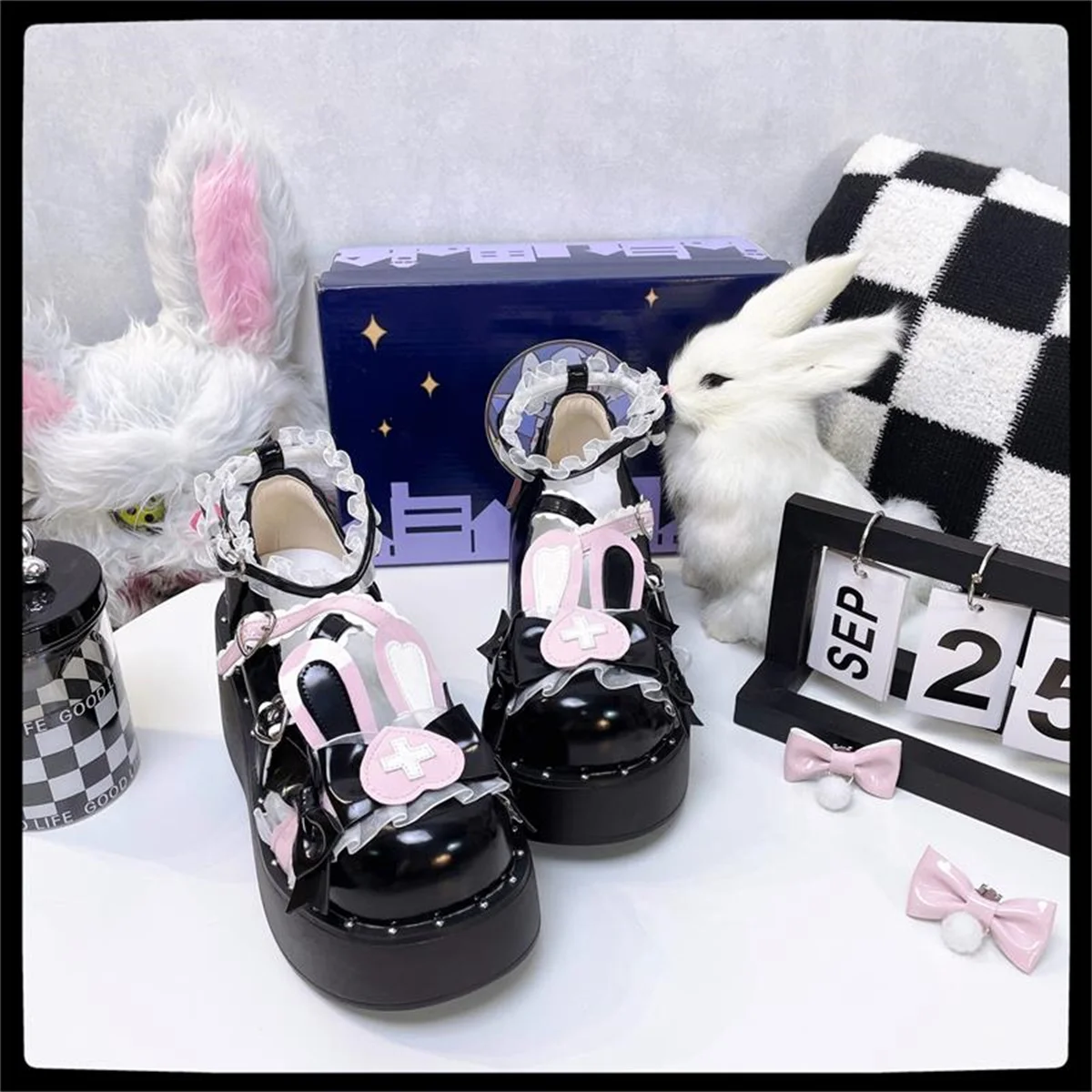 Japanese Sweet Lolita Girls Shoes Cosplay Cute Loli Rabbit Ears Lace Ruffle Fur Ball Love Bow Round Head Thick Sole 3-5cm Shoes