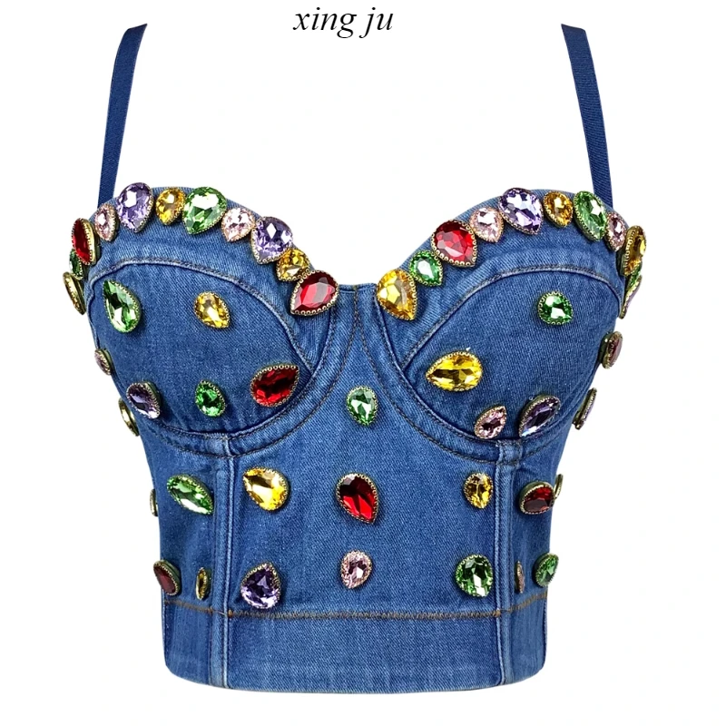 Fashion Summer Short Crop Tops Women Sexy Denim Sequin Nightclub Female DJ Sleeveless Vest Hip Hop Pole Dancing Performance Wear