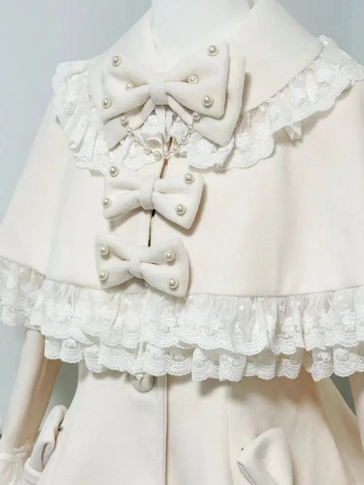 Sweet Lolita Cape Coat Set Women Bowknot Pearl Lace Trim Ruffle Puff Sleeve Winter Tea Party Kawaii Japanese Princess Fashion image 3