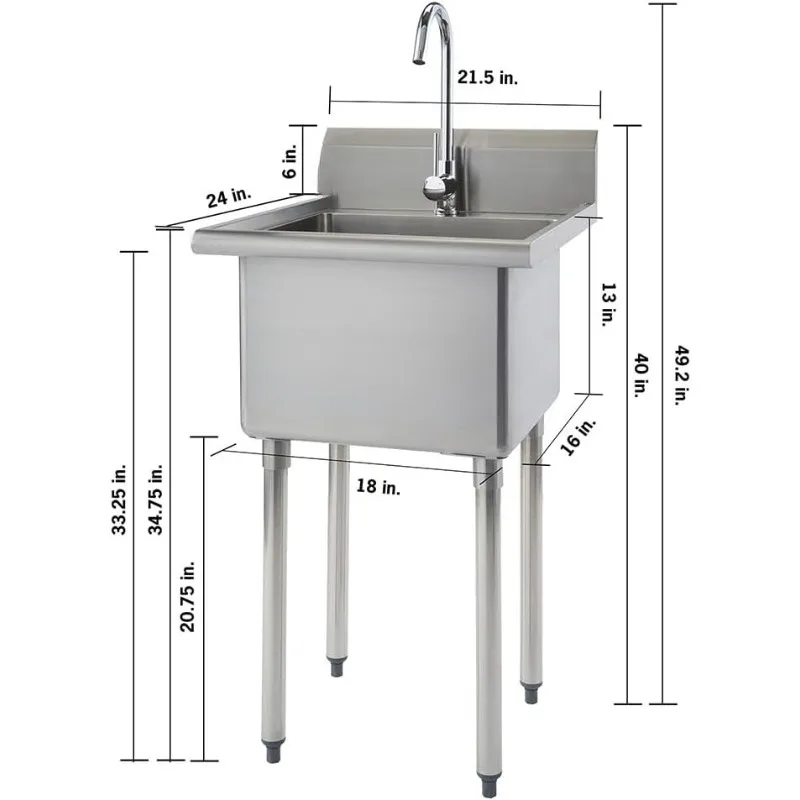 THA-0307-fregadero independiente de acero inoxidable para garaje, lavadero y restaurantes, incluye grifo