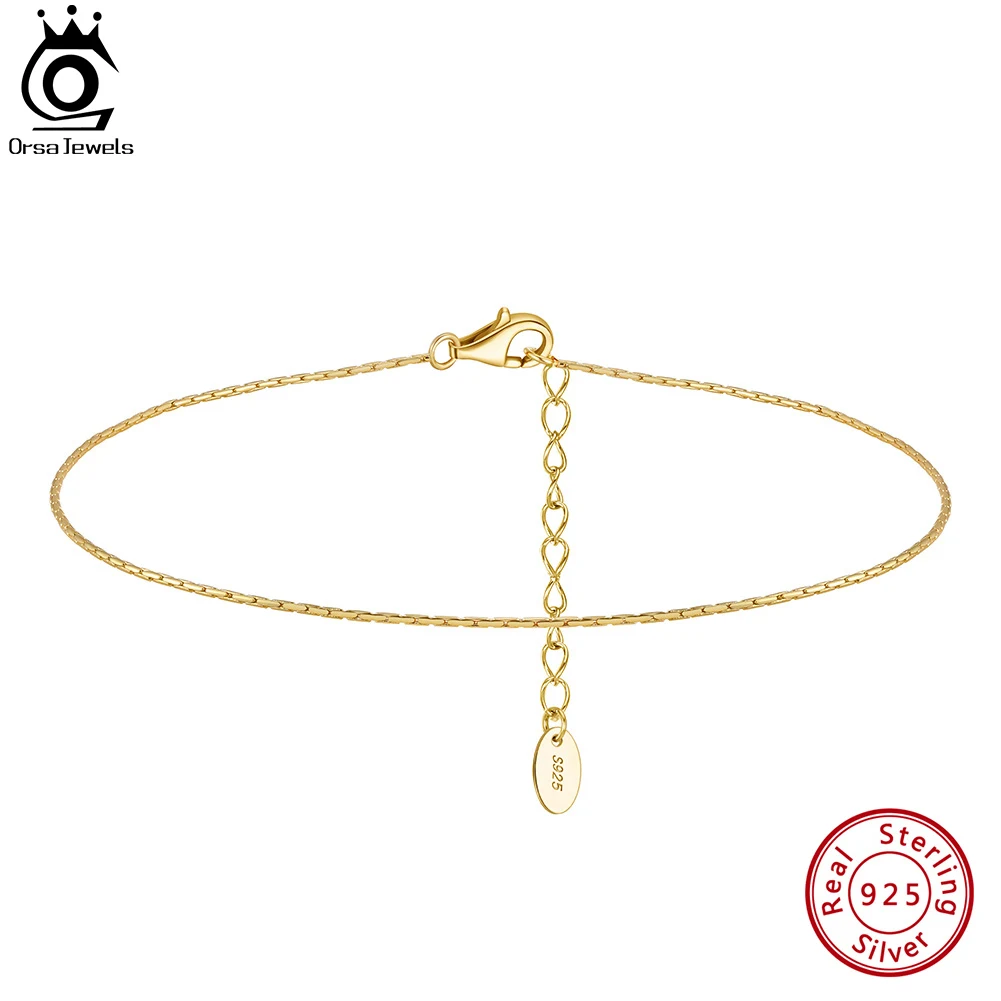 ORSA JEWELS 925 Sterling Silver Bamboo Chain Anklets Fashion Women Summer 14K Gold Foot Bracelet Ankle Straps Jewelry SA78