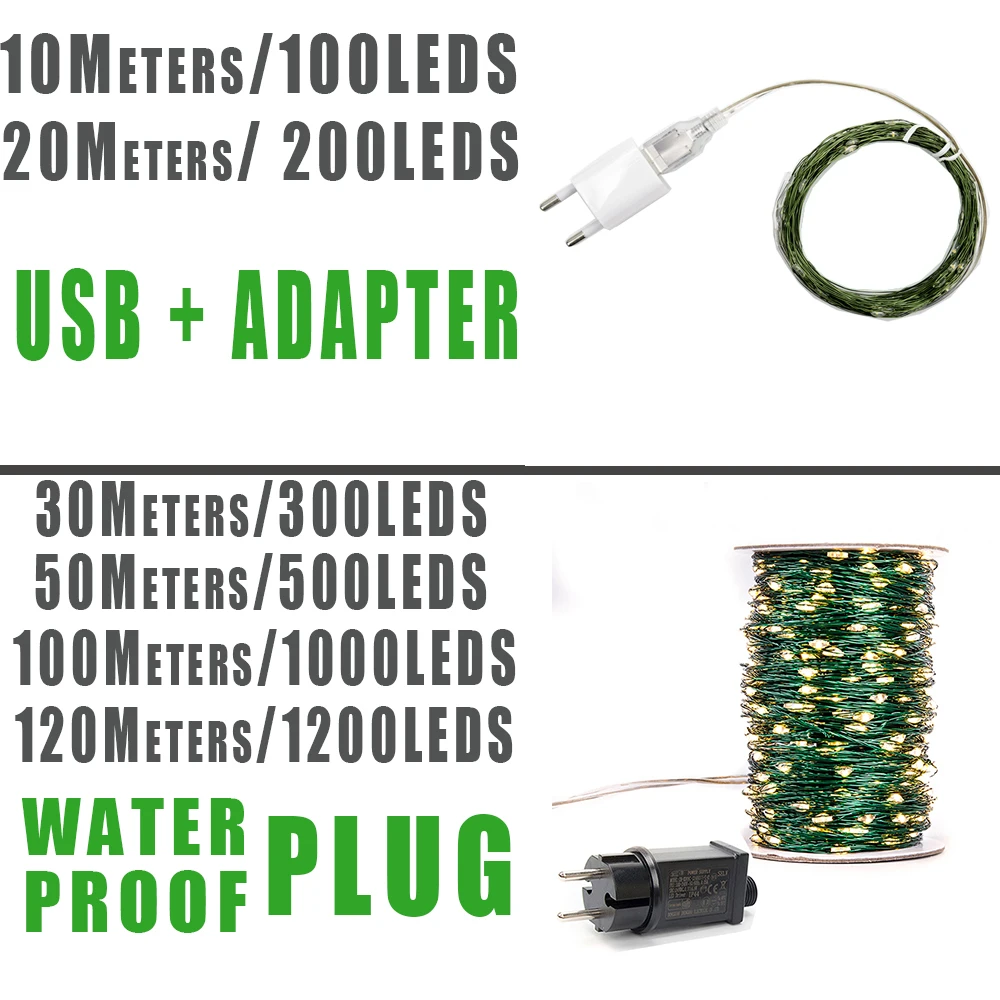 More LED Green Wire Garland String Fairy Lights Christmas Tree Decoration For Home Outdoor Waterproof Mini LED Party Wedding