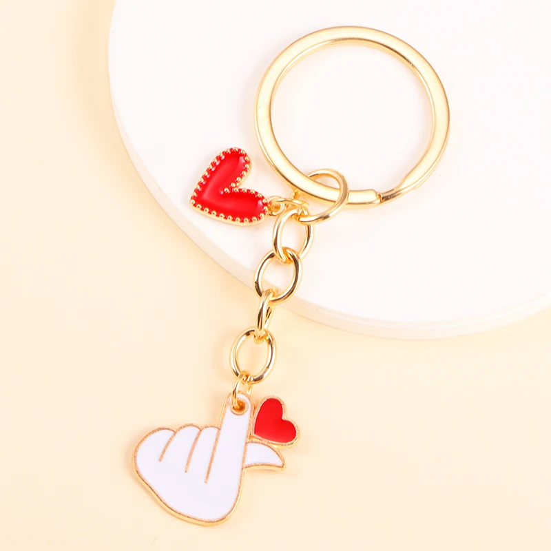 Cute Enamel Finger Heart Pendants Key Chain Fashion Love Keyrings For Women Men Handbags Car Key Decor Jewelry Party Friend Gift