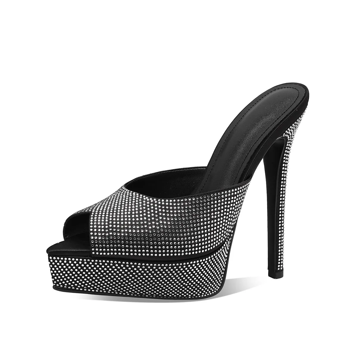 

Arden Furtado Summer black Satin Platform Slipper Crystal Peep toe Slippers Pointed Super high heel large size Dinner Mules