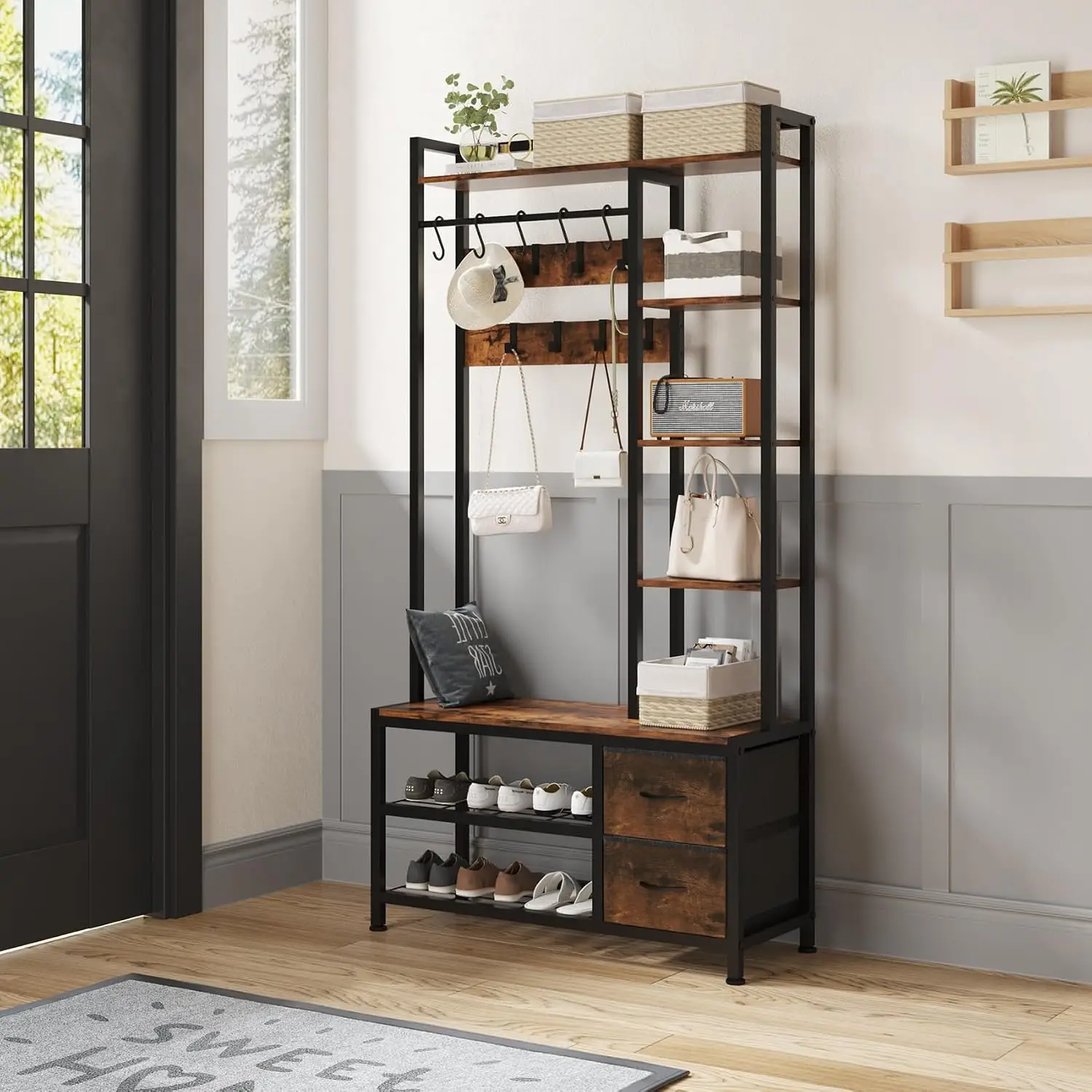 6-in-1 Hall Tree with Shoe Storage Bench, Coat Rack, Drawers, Shelves, Hooks and Hanging Bar, Entryway Organizer for Hallway