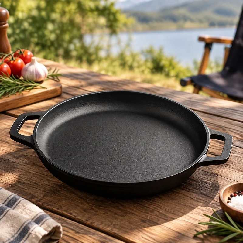 Heavy-Duty Cast Iron Frying Pan with Non-Stick Surface for Versatile Cooking of Breakfast, Meat, and Veggies Indoors or Outdoors