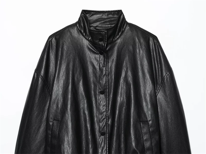 Casaco feminino 2025 outono novo estilo preto manga longa gola alta jaqueta piloto de couro falso estilo motocicleta moda casual