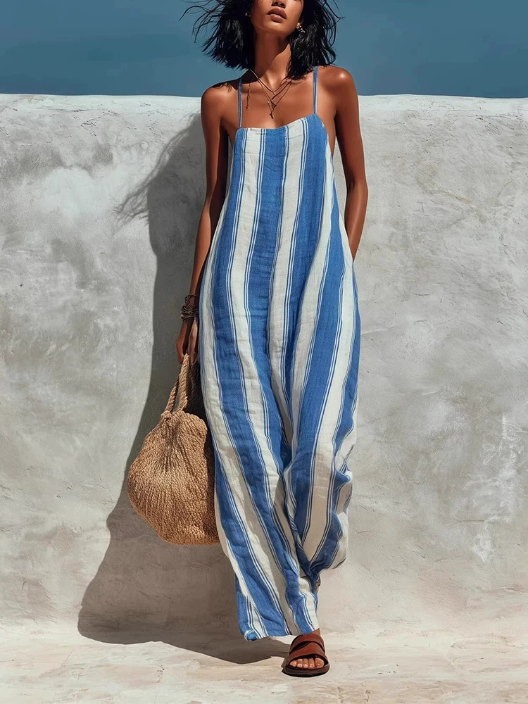 

Women Fashion Off Shoulder Pocket Wide Leg Jumpsuit Casual Backless Hollow Beach Romper Striped Printed Camisole Summer Playsuit