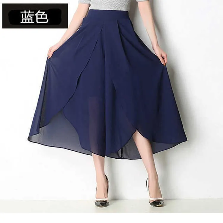 ชีฟองสีทึบกางเกงขากว้างเก้าส่วนแฟชั่นฤดูร้อนใหม่เอวสูงสบายๆเส้นด้ายตาข่ายบางกางเกงหลวมสําหรับผู้หญิง