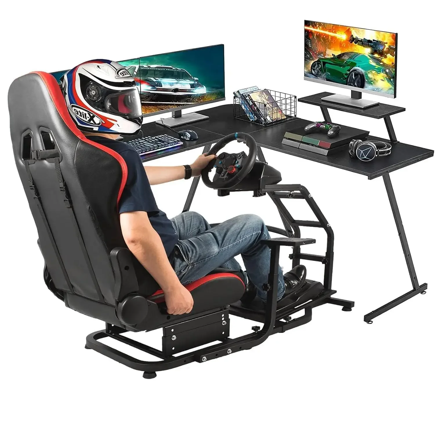 Racing Sim Cockpit with Red Seat Fit for PXN, for Thrustmaster T80 T150 T300RS, for Logitech G923 G920,Steering Wheel Rig