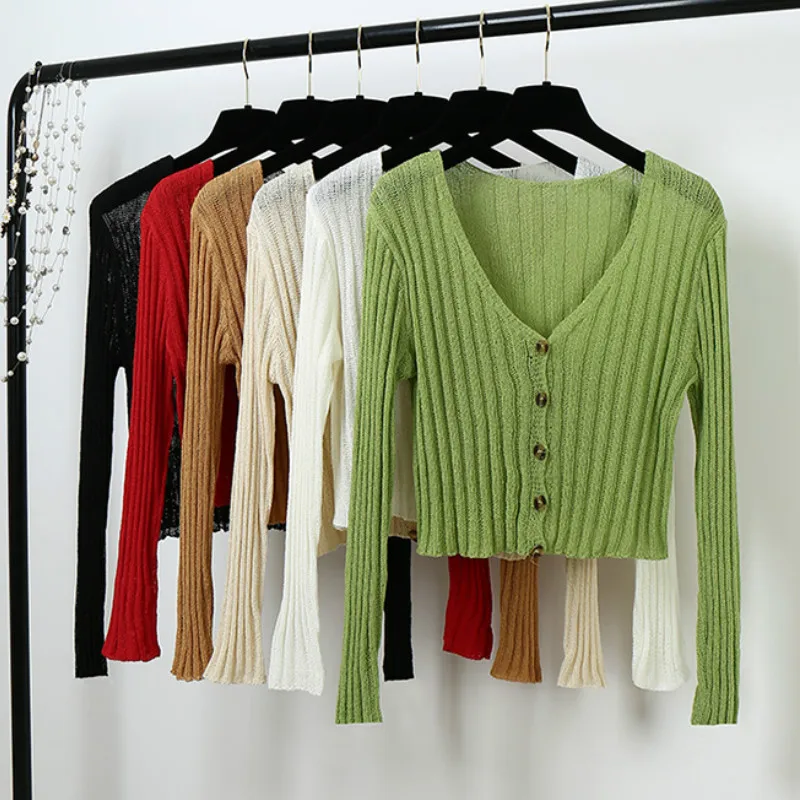 Sweaters Spring Fall V-Neck Coat Knitted Striped Cardigan Women OL Thin High Waist Single-breasted Long Sleeved Autumn Thin Tops