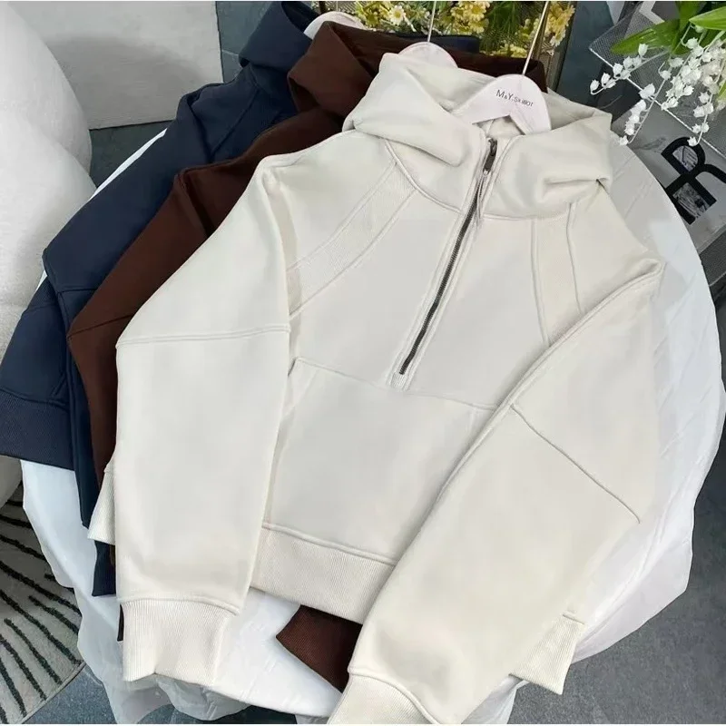 

Lemon Scuba Autumn and Winter Fleece Half Zipper Thickened Warm Training Sports Gym Outdoor Short Running Sports Yoga Jacket