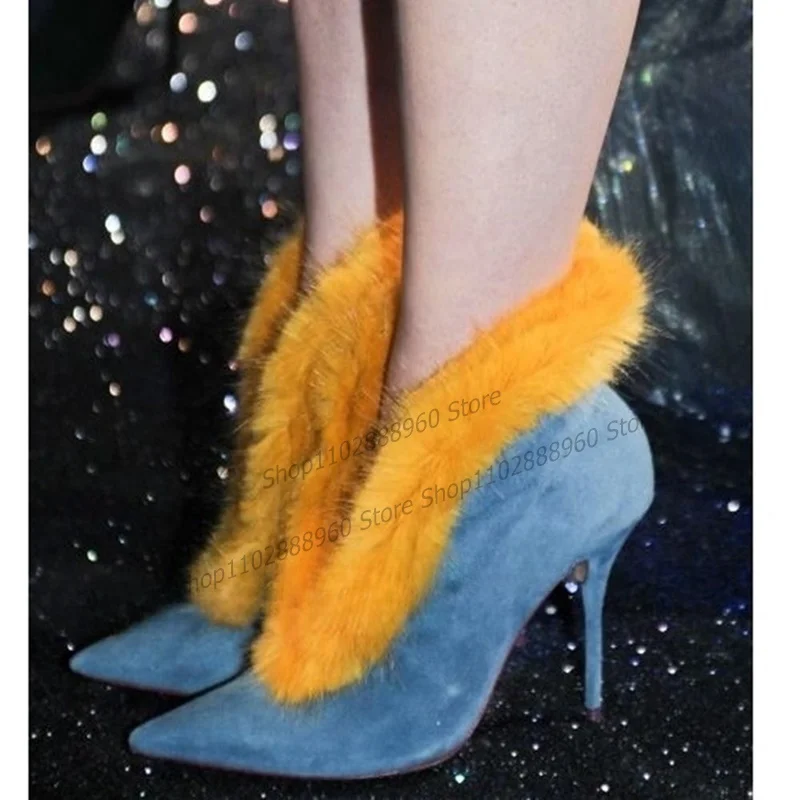 

Blue Flock Fur Decor Shallow Pumps Stilettos High Heel Cover Heel Women Shoes Slip-On Pointed Toe 2023 Sexy Zapatos Para Mujere