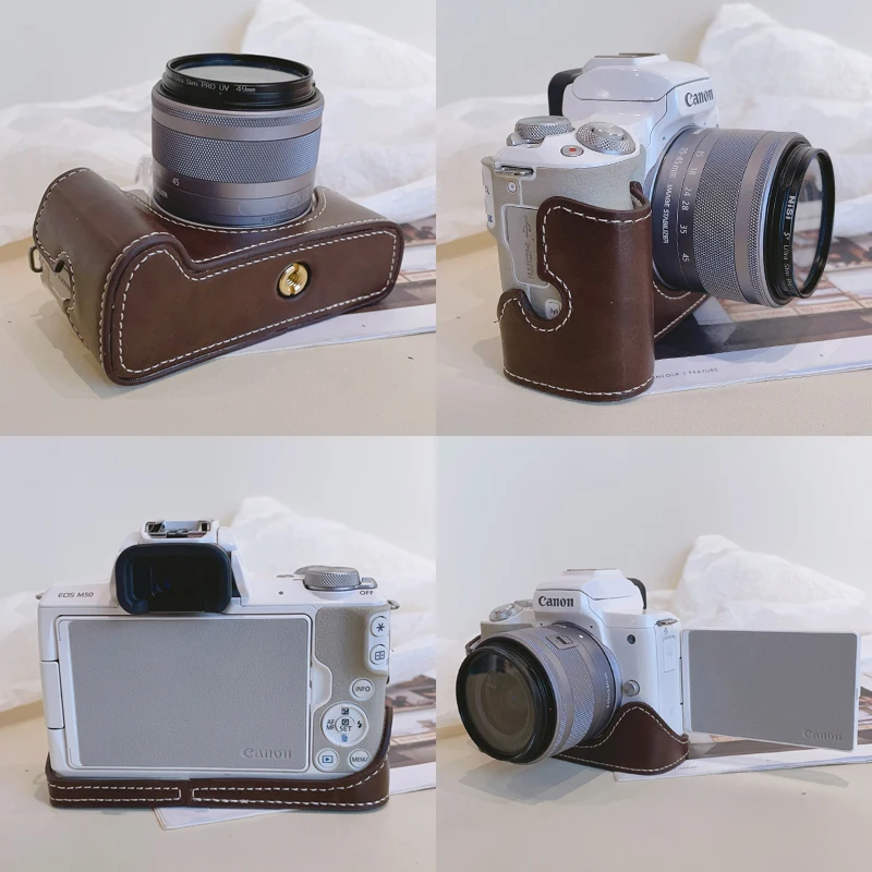 حافظة كاميرا لكاميرا Canon M50 PU قاعدة كاميرا جلدية نصف حافظة مع حزام كتف حقيبة واقية للمعصم زر فتح 1/4 برغي