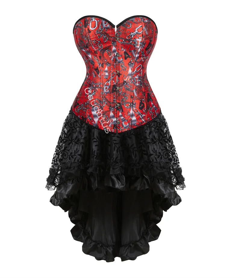 

Corset Dress Skrits Set Tutu Print With Lace Costume Party Sexy Burlesque Halloween Basques Ladies Outfit Plus Size Black Red