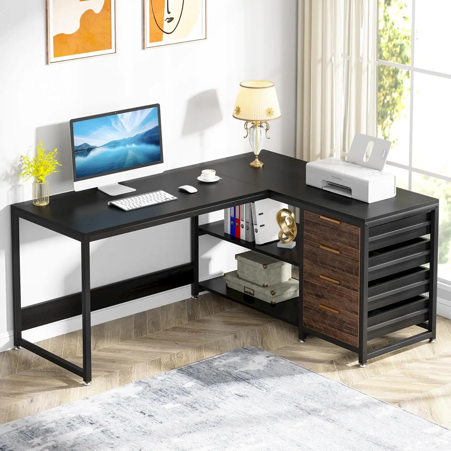 

L Shaped Computer Desk with Storage Drawers 59 inch Corner Desk with Shelves Reversible Office Desk Study Writing Table