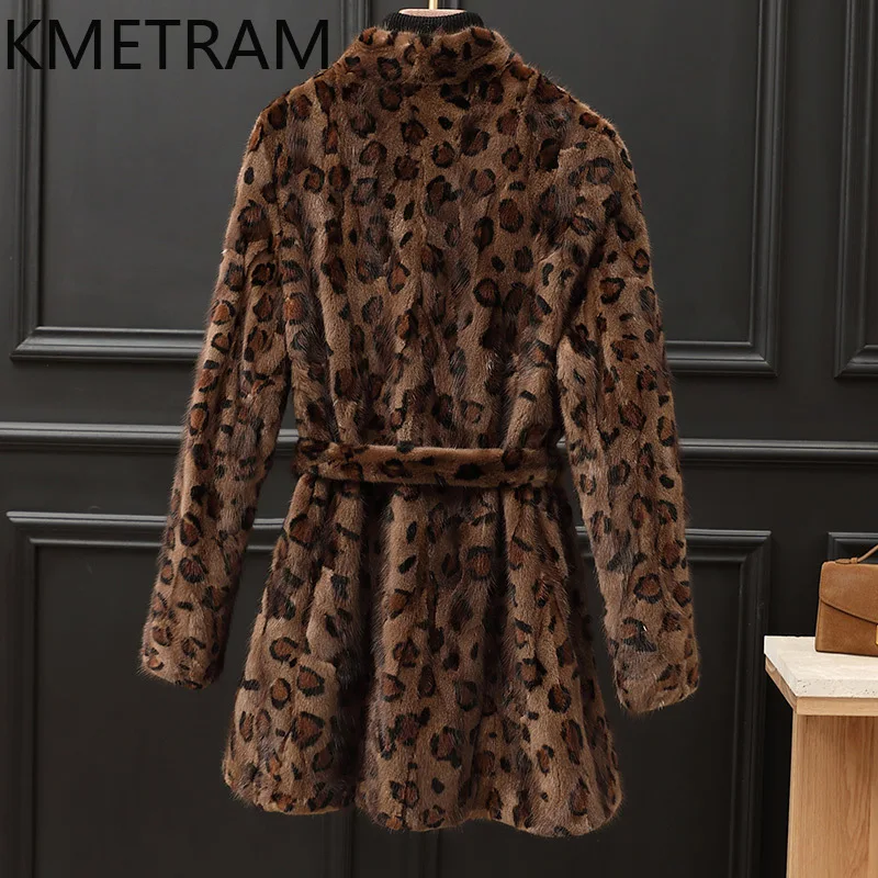 KMETRAM Natürliche Nerz Pelz Kleidung für Frau mit Gürtel Mittellange Echtpelz Damen Jacke Winter Leopard Neue Oberbekleidung 2025 soi