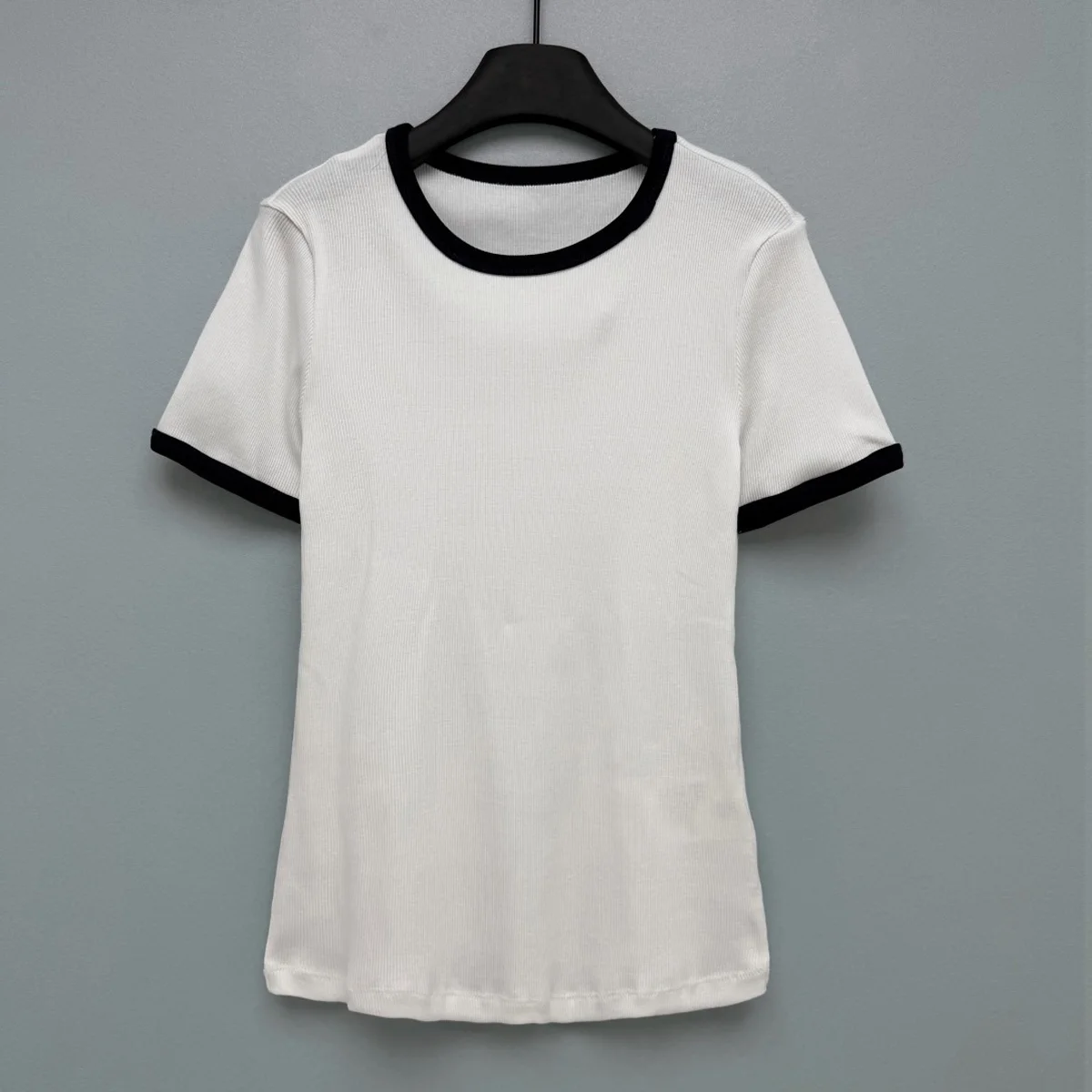 High Quality Women Round Neck Contrast Trim Rib Knit Short Sleeve T Shirt Slim Fit Basic Casual Tees