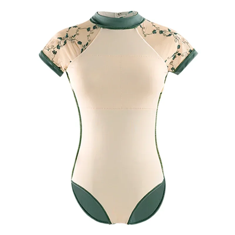 Dance Leotards for Women Embroidery Mesh Leotard Stand Collar with Hidden Buckle Dancewear Girls V Shape Leotard Swimwear