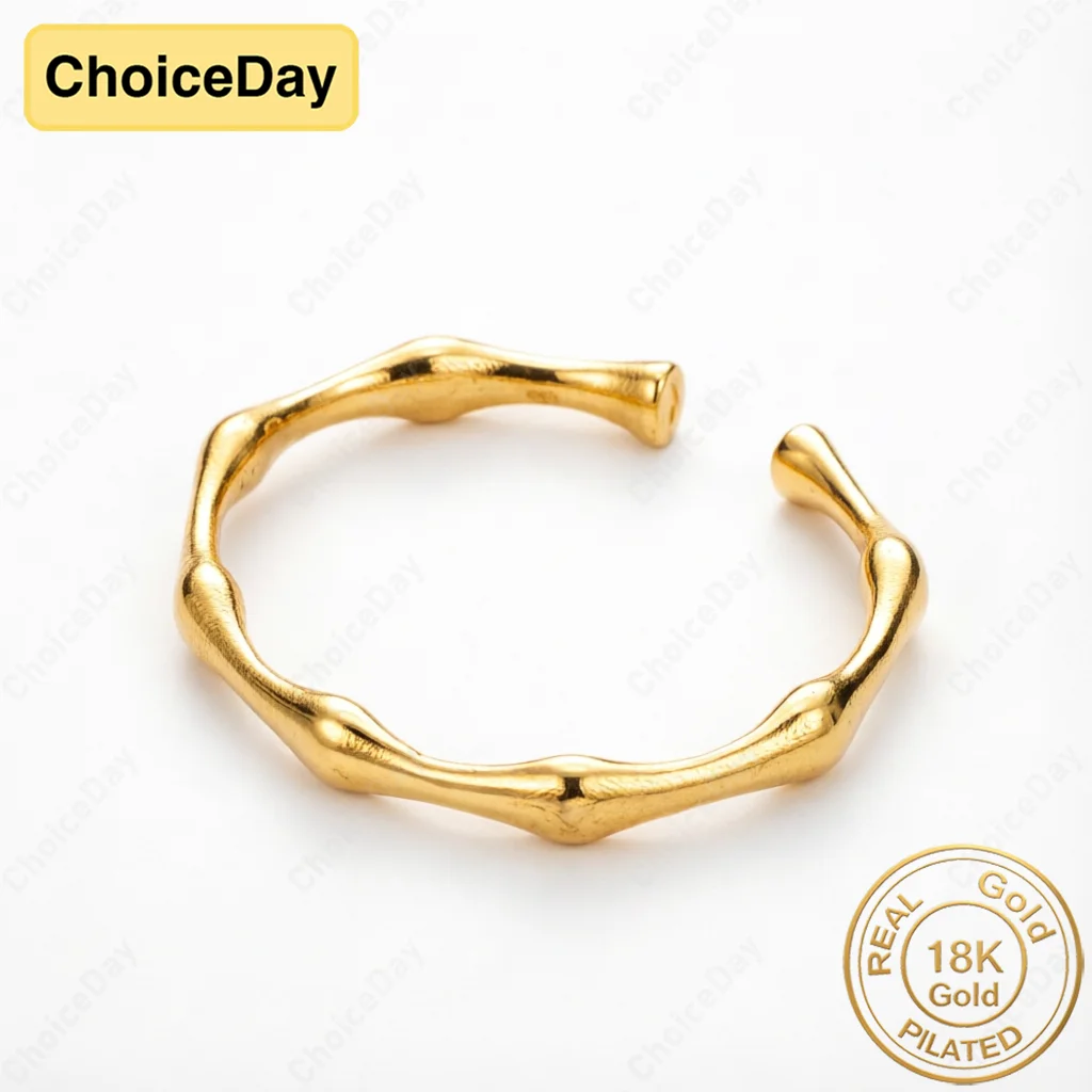 18K Gold Plated Delicate Bamboo-Shaped Open Bangle for Women: Stylish Party Gift, Elegant Wedding Jewelry