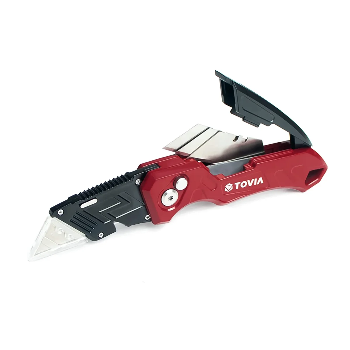 TOVIA Kartonschneider mit Klingenfach, klappbares Allzweckmesser mit zusätzlichen Klingen, rutschfester Griff, Schnellwechselklinge, Outdoor-Werkzeug
