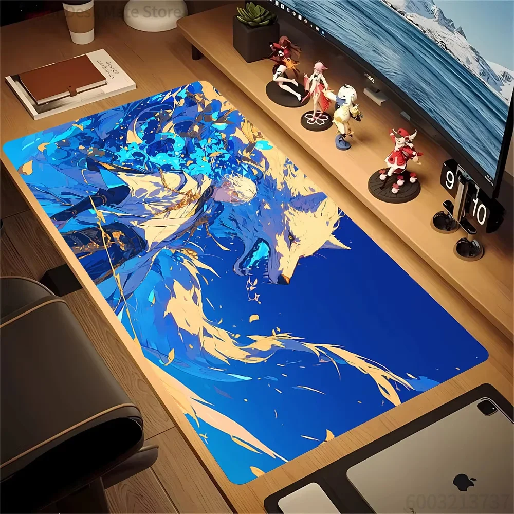 Bold Blue Golden Ink Splash Warrior & White Wolf Graphic Mousepad Waterproof Non-Slip Stylish Anime Laptop Desk Accessory