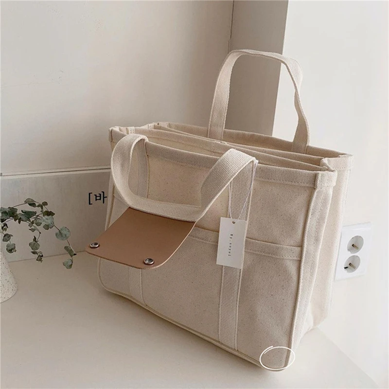 Trendy Multi-pocket Divider Canvas Tote Bag All-match Solid Color Shoulder Bag Perfect Casual Crossbody Bag For Commuting