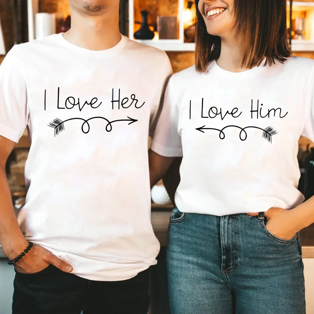 

Valentine's Day I LOVE HER HIM Arrow Through Heart Print Lovers T Shirt Couple Short Sleeve O Neck Loose Tshirt Women Tee Shirt