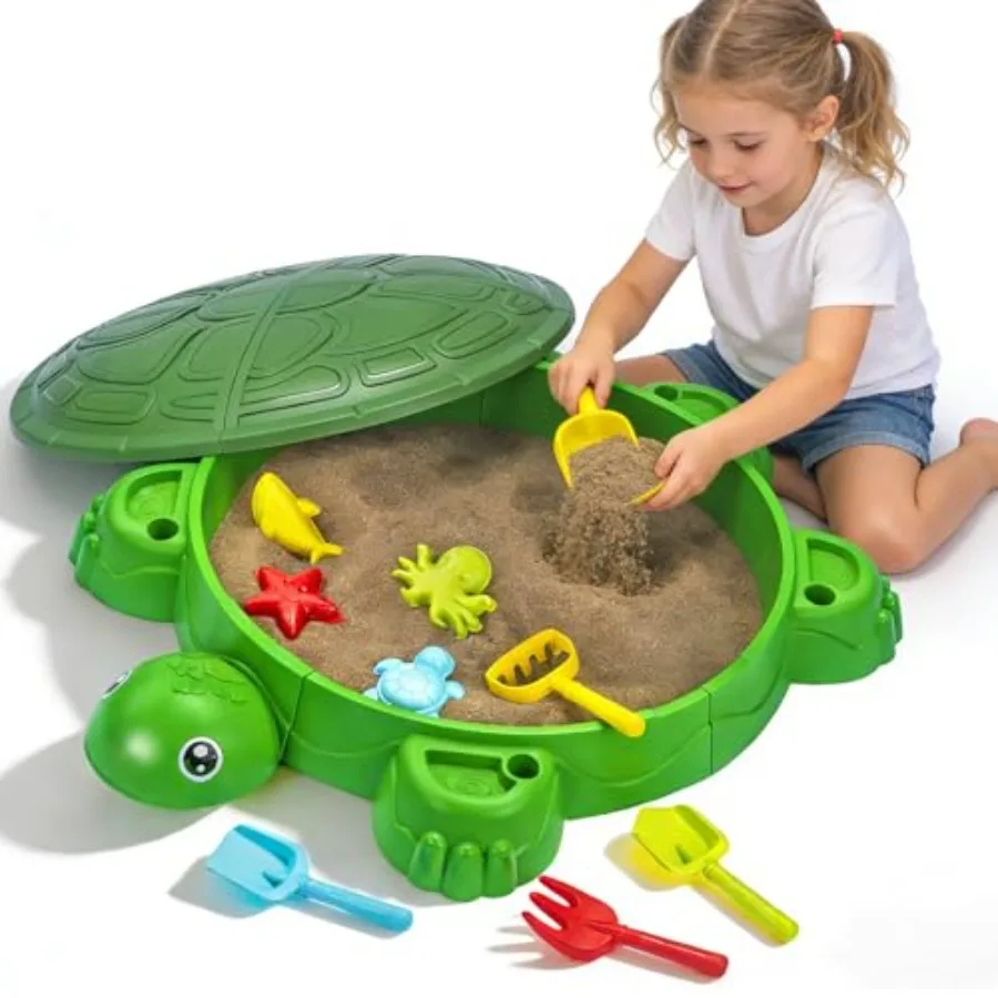 Turtle Sandbox with Lid Beach Toys Set, 38 Sandbox for Toddlers 3-8, Indoor Outdoor Sensory Play Sand Box with Cover, Summer Gi