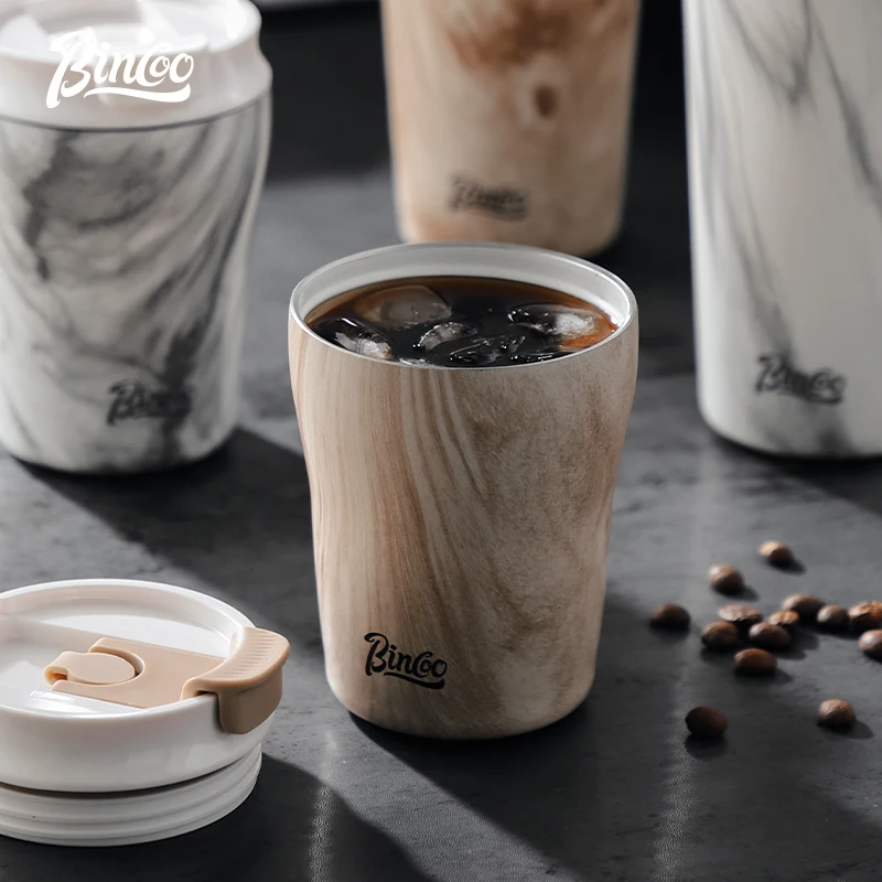 Bincoo Wood Grain 280/500ml Portable Coffee Cup, Car Travel , Insulated , Stainless Steel Drinking Cup, Home Barista Tool