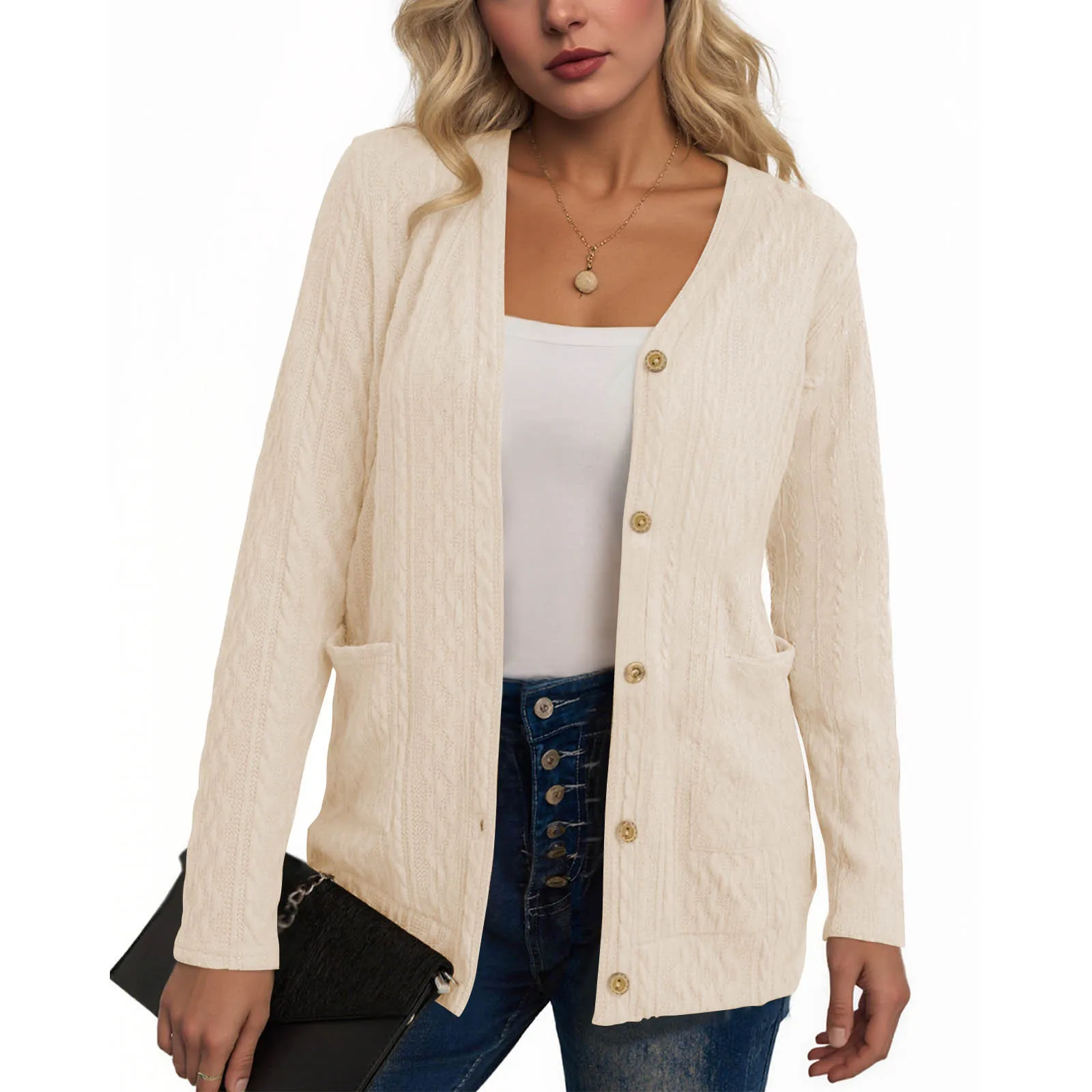 

Cardigan Donna Invernale Autumn Winter Solid Color Versatile Button Cardigan Women's New Pocket V-neck Long-sleeved Jacket 2025