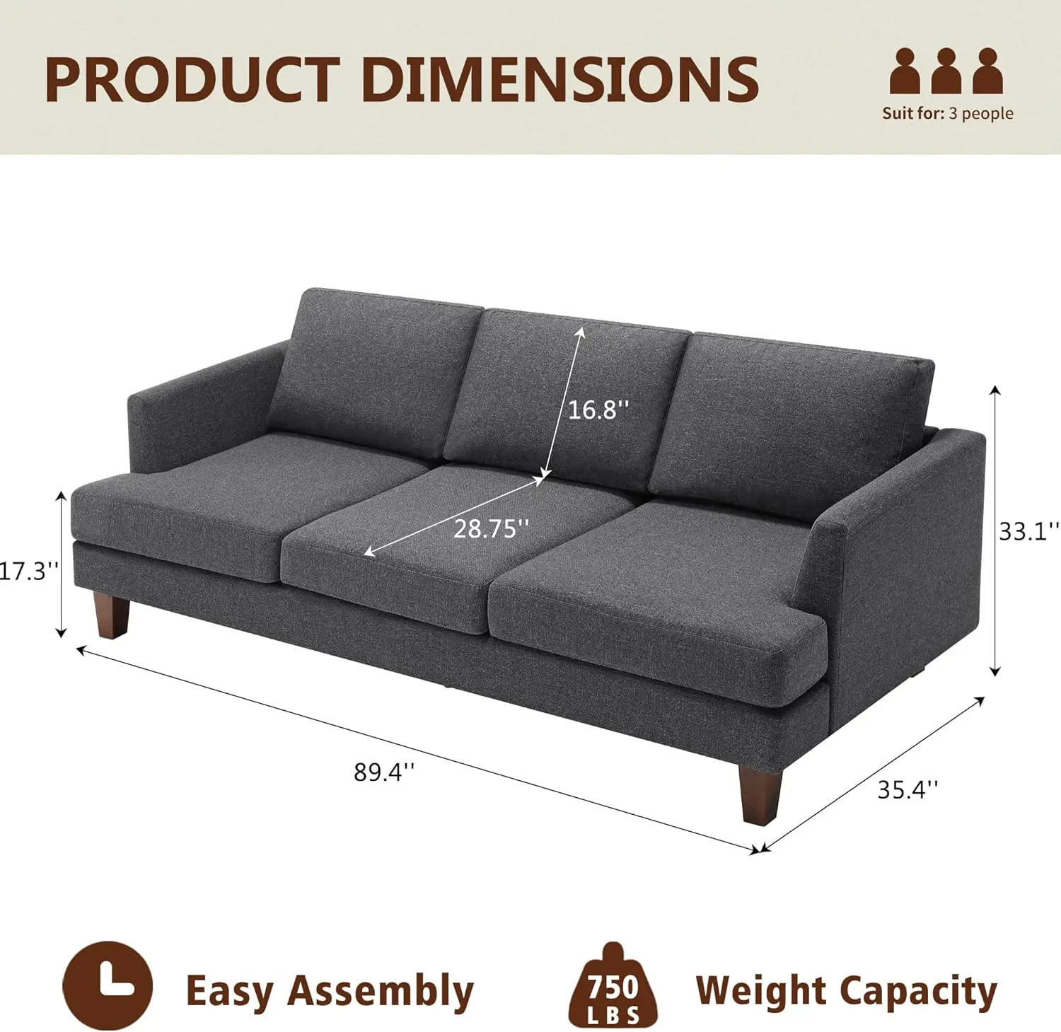 3 Seater Sofa Couch with Deep Seats, 89