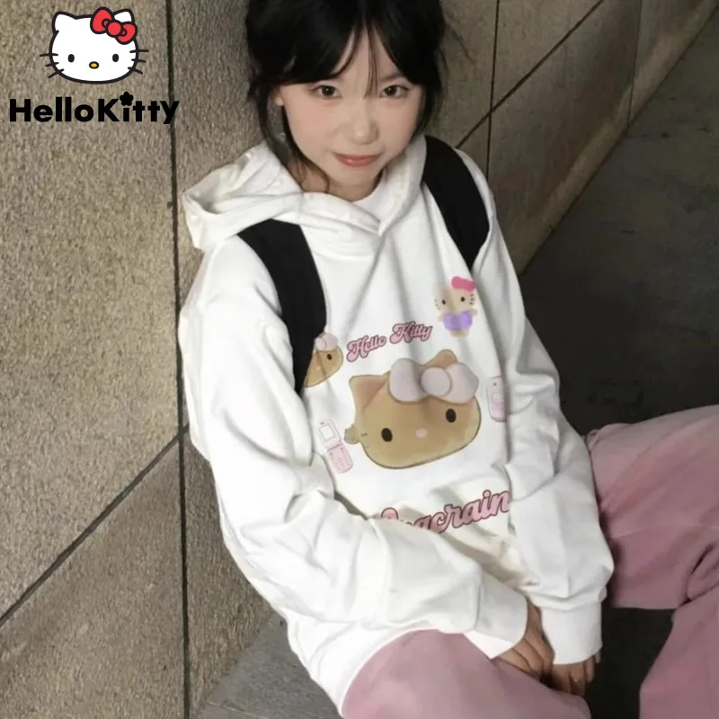 

Sanrio Hello Kitty New Korean Style Cute Top Shirt Hooded Women Cartoon Fashion Sweatshirt Y2k Aesthetic Print White Pullovers