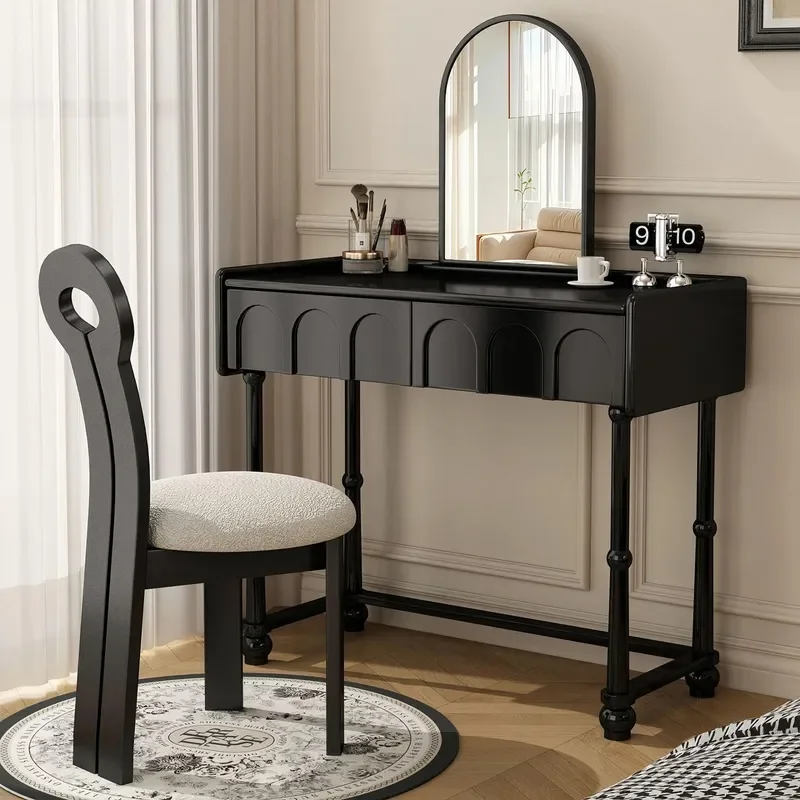 French Retro Solid Wood Dresser with Piano Top Antique Makeup Table Storage Integrated Vanity for Master Bedroom Small