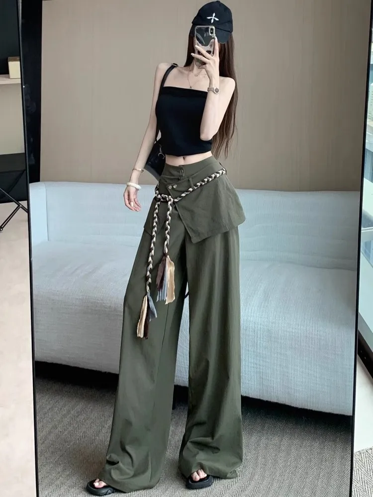 อเมริกัน Casual กางเกงทหารสีเขียวกางเกงขากว้างผู้หญิงฤดูร้อนปลอม 2 ชิ้นผายลมผ้าม่านเอวสูงเผ็ดสาวชั้นกางเกง