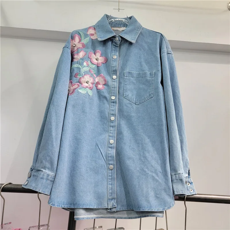 Embroidered Flower Casual Denim Shorts Set 2024 Spring Summer Mesh Stitching Long Sleeves Shirt Top 2 Piece Sets Women Outfits