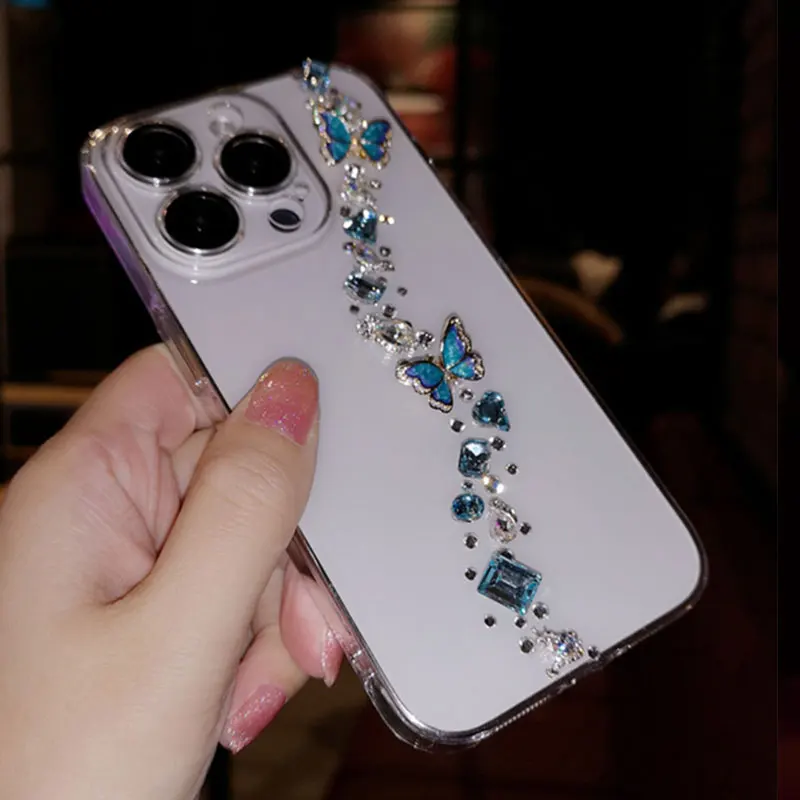 

Прозрачный защитный чехол ручной работы с инкрустацией стразами и встроенной защитной пленкой для объектива для iPhone 17 Pro Max, 16 Plus, 15 Pro, 14, 13