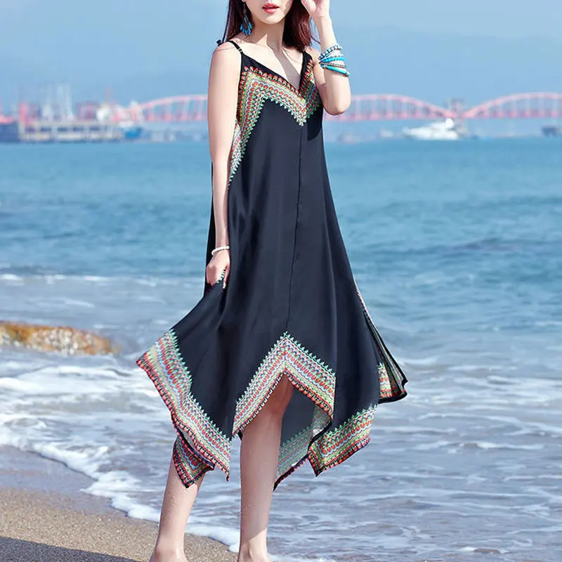 Folk Bohemian Irregular Dresses Female Clothing V-Neck Chic Patchwork Summer Sleeveless Vacation Style Printed Slip Long Dress