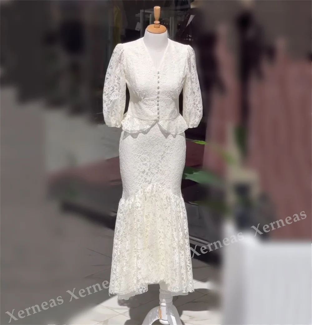 Customized Elegant Two-piece Wedding Party Dress Button Lace V-neck Mermaid Midi Dresses Formal Evening Dress