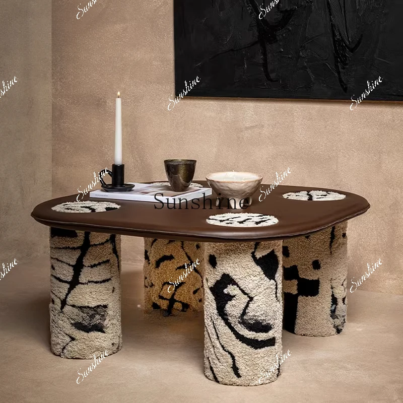 Nordic i solid wood coffee B & B small apartment graffiti wind plush coffee table living room leather countertop square table  F