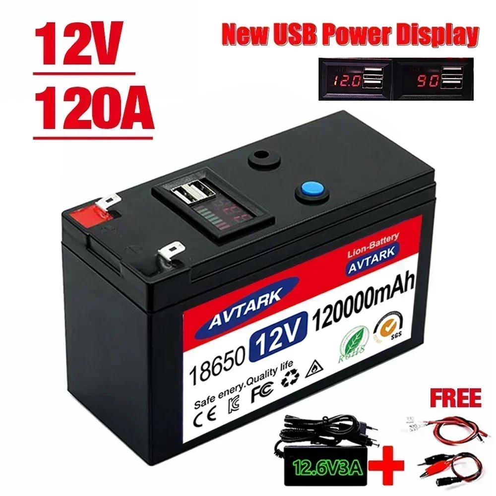 2023 Ulepszony 12 V 120000 Przenośny akumulator mAh Wbudowany port ładowania wyświetlacza USB 5 V 2,1 A z ładowarką + 12,6 V