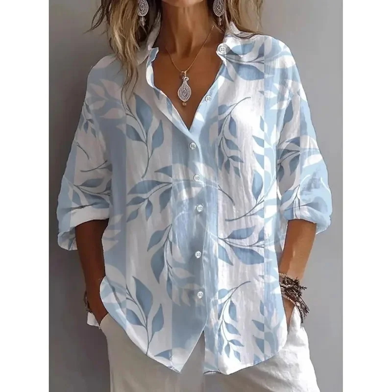 Summer Shirts for Women, Blouse with Floral Graphics, Blouse with Lapel Collar, Long-Sleeved Shirts for Women Clothing