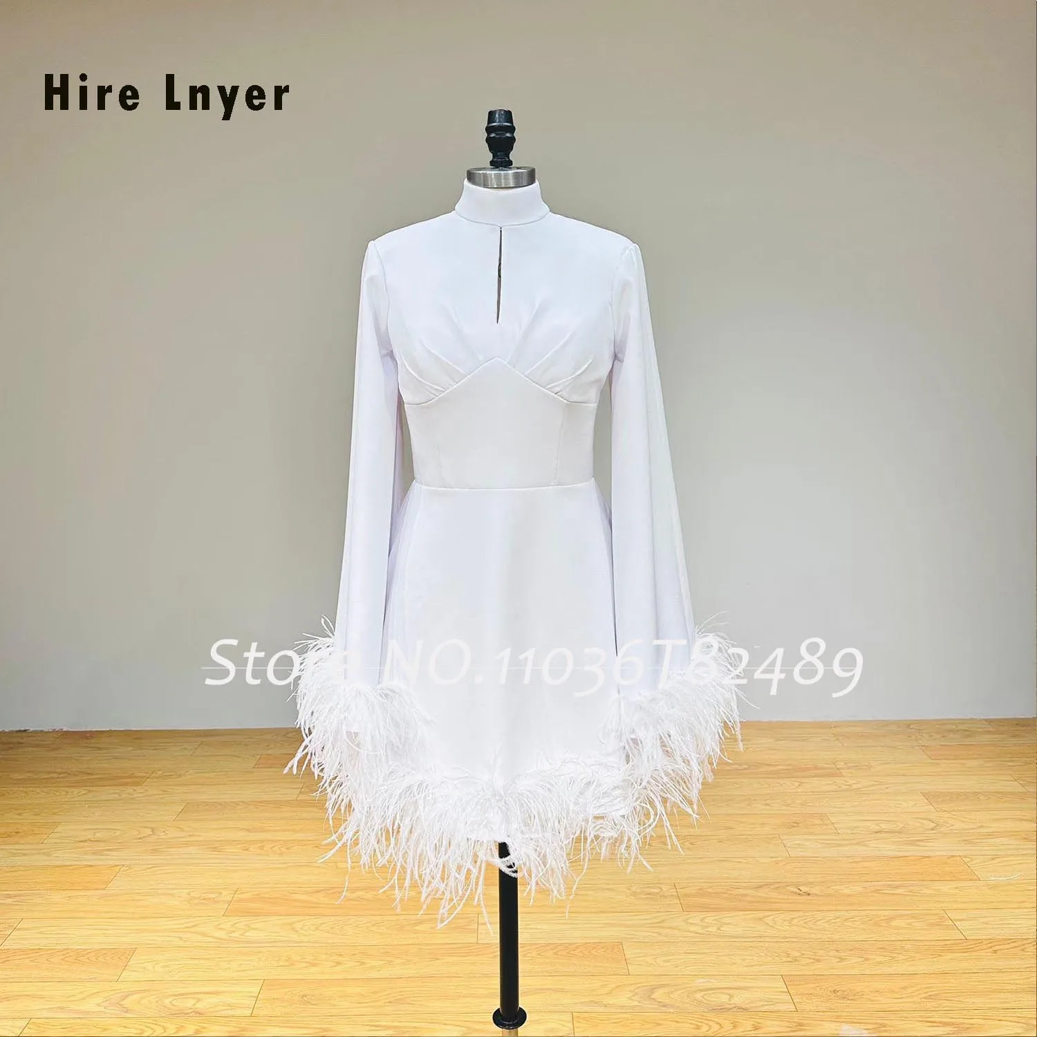 Hire Lnyer High Neck Long Sleeve See Through Buttons Up Back Feather Soft Satin Short Eveneing Dresses