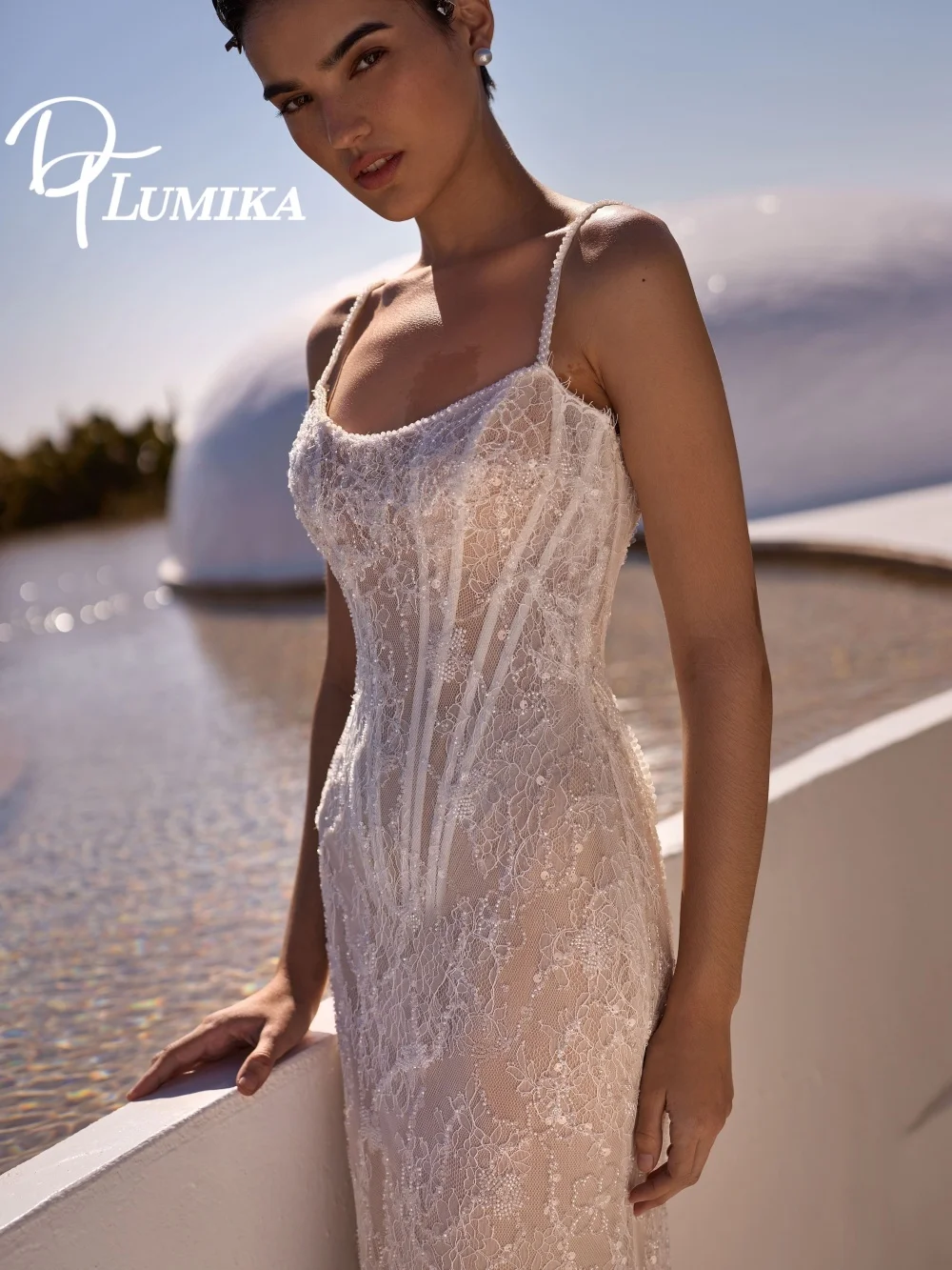 

Dreamy Spaghetti-Strap Glitter Wedding Dress 2026 Romantic Sheer-Lace Bridal Gown Elegant Sheath Floor-Length Bridal Dress Robe